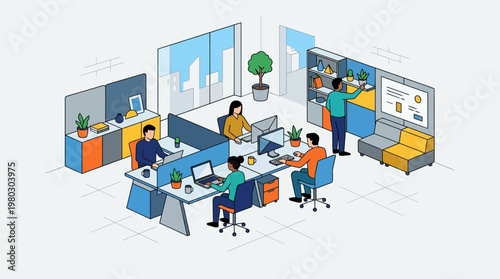 Modern Flat Isometric Office Illustration Featuring Diverse Professionals Working Together in a Bright Coworking Space