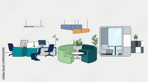 Modern Office Interior Illustration with Coworking Space, Acoustic Meeting Pod, and Minimalist Furniture