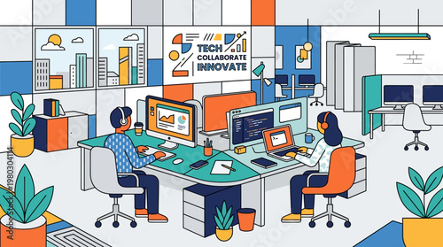 Modern Tech Office Vector Illustration of Software Developers Collaborating on Coding and Data Analysis in a Creative Workspace