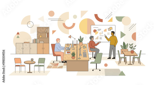Modern Collaborative Office Space Illustration - Creative Team Working and Presenting in Coworking Environment