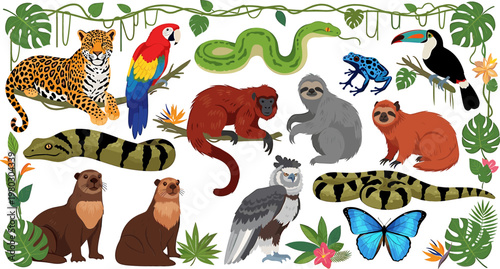 Tropical Jungle Animal Illustration: Colorful Wildlife with Exotic Plants and Creatures