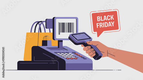 A vector graphic illustration of a hand holding a barcode scanner near a cash register with shopping bags and a Black Friday sign