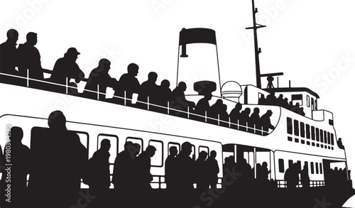 Black silhouette, cruise ship, passenger boat, ferry, people, vector illustration