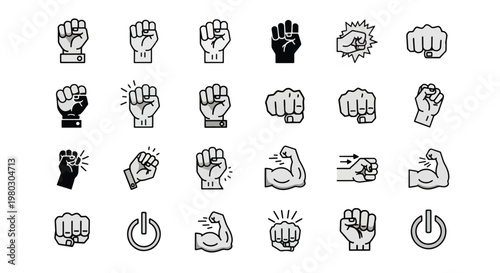 Collection of fist and power icons with different gestures and expressions