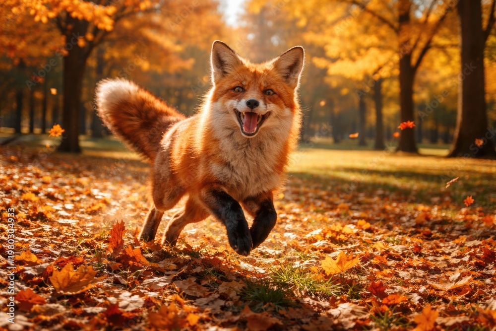 Obraz premium Happy red fox playing in a vibrant forest park during autumn