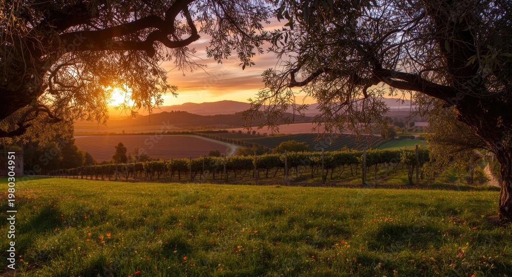 Naklejka premium Tranquil vineyard at sundown featuring olive tree groves and colorful flowers embraced by tree framing