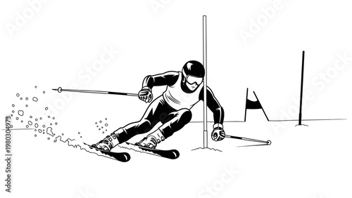 A black and white illustration of a skier in motion, turning with skis and poles on a snowy slope with gates.