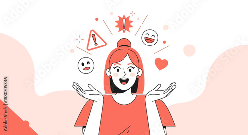 Woman juggling emotions, ideas, and notifications with a positive attitude