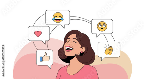 Woman Laughing Joyfully Surrounded by Social Media Reaction Emojis and Icons