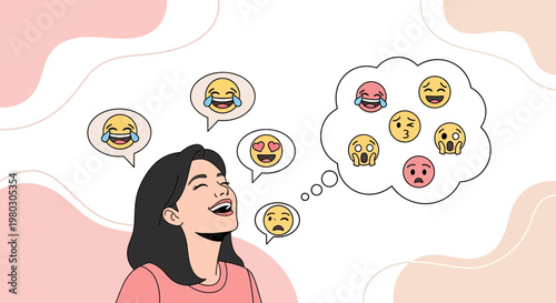 Woman laughing with joy, surrounded by happy emojis in thought bubbles