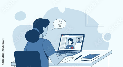 Woman learning online via video call, remote education, e-learning, idea bulb icon
