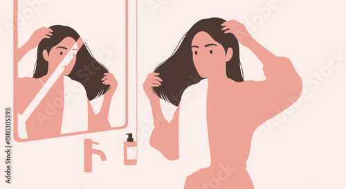Woman looking in mirror, touching her hair, self-care, beauty routine