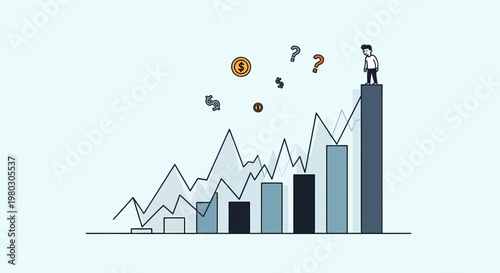 Businessman standing on bar graph chart.