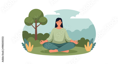 Woman Meditating in Nature, Peaceful Mindful Yoga Pose, Serene Outdoor Zen