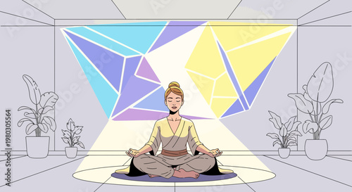 Woman meditating in lotus pose with geometric light projection, serene mind and spiritual enlightenment