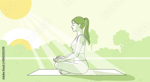 Woman Meditating Outdoors in Sunlight, Serene Yoga Practice on a Mat in Nature