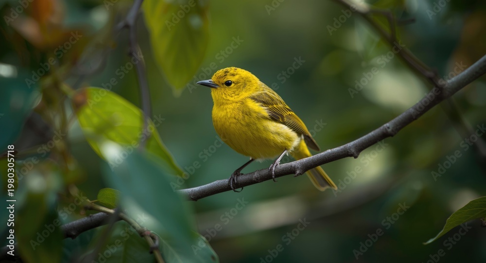 Obraz premium Yellow Warbler bird with yellow feathers on branch surrounded by blurred nature