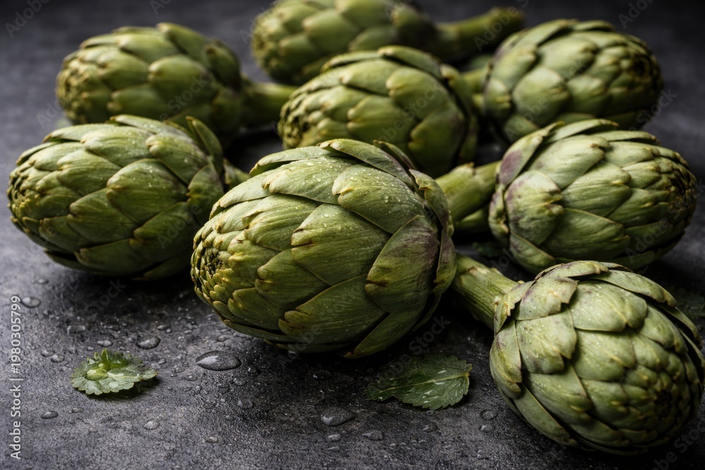 Fototapeta premium Close up of fresh artichokes arranged on a charcoal gray background