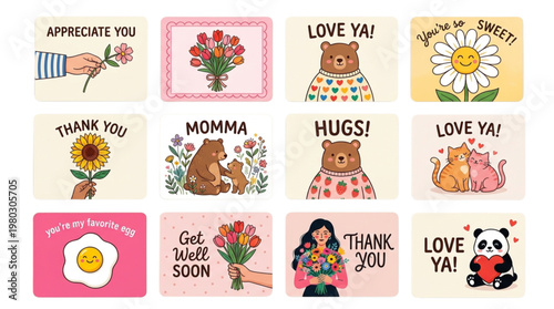 Cute Illustrated Thank You, Love, Mom, Get Well Notes for Social Media, Customer Engagement, Marketing, Gifting.