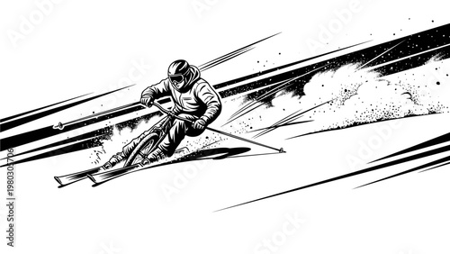 A black and white illustration of a skier speeding down a snowy slope with motion lines and dynamic movement.
