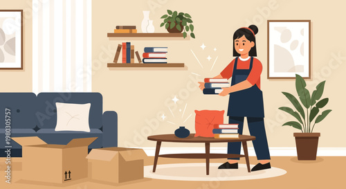 Woman Organizing Books in Living Room, Moving Boxes, Home Decluttering