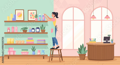 Woman organizing shelves in a small shop, arranging products and plants