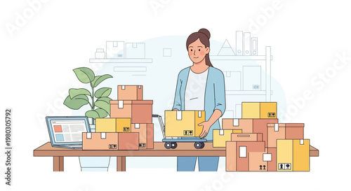 Woman organizing packages in a warehouse, preparing for shipping and delivery
