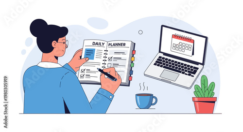 Woman planning daily tasks in planner book next to laptop and coffee