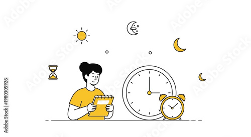 Woman planning schedule with clocks and sun/moon symbols, time management concept