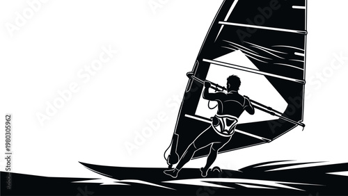 A windsurfer in a dynamic stance, navigating through choppy waters with a large sail, depicted in a monochromatic illustration with bold lines and contrasting black and white hues.