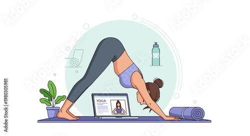 Woman practicing downward-facing dog yoga pose online via laptop, healthy lifestyle concept