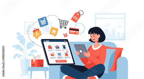 Woman shopping online on tablet, e-commerce, digital payment, delivery, discounts