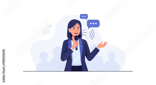 Woman Speaker Giving Presentation with Microphone and Speech Bubbles
