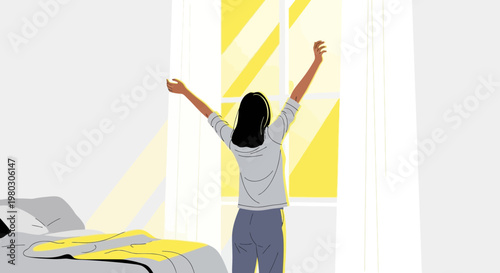 Woman stretching arms in sunlight by bedroom window, morning routine, waking up refreshed