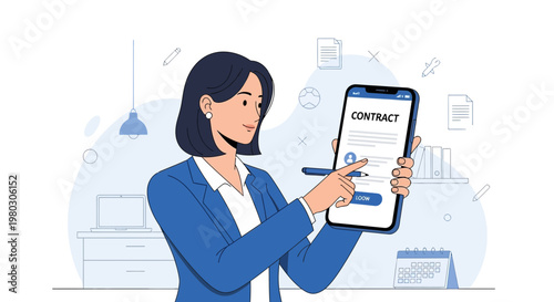Woman signing digital contract on smartphone, e-signature, online agreement, business concept