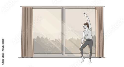 Woman stretching gracefully in front of a large window with a scenic mountain view