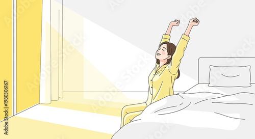 Woman stretching in bed with morning sunbeams, feeling refreshed and happy