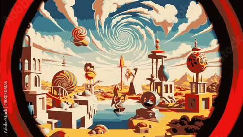 Vibrant surreal landscape with swirling clouds and fantastical structures in a circular frame with warm, dreamlike tones.