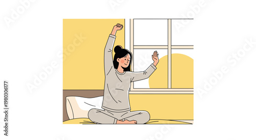 Woman stretching in bed, waking up, morning routine, healthy lifestyle, yoga pose