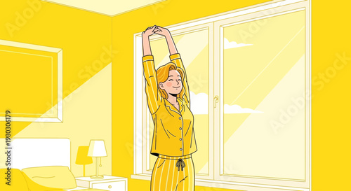 Woman stretching in sunlit bedroom, waking up refreshed and happy