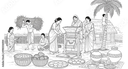 Rural Indian Women Harvesting and Processing Crops, Community Effort, Abundance, Tradition, Agricultural Lifestyle, Harvest