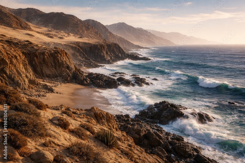 Obraz premium Rugged coastline where desert terrain meets the ocean waves