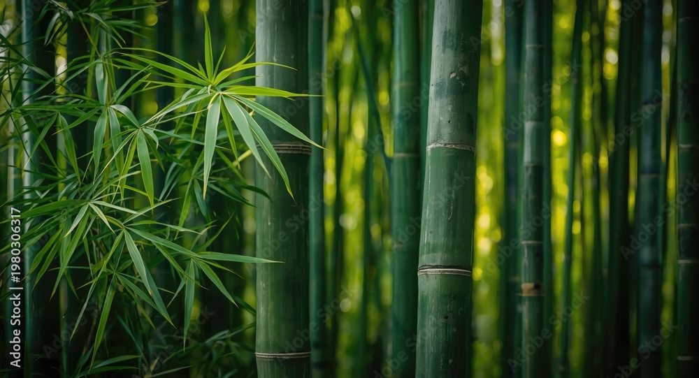 Fototapeta premium Vibrant new bamboo shoot against bright green bamboo grove backdrop