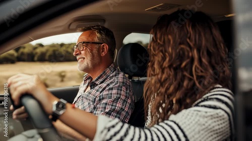 Father teaching daughter driving lesson inside car, family smile learning to drive on rural road, road trip memory moment