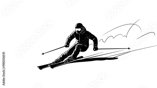 A black silhouette of a skier in dynamic motion, speeding down a snowy slope with ski poles outstretched, against a clean white background with a sense of speed and energy.
