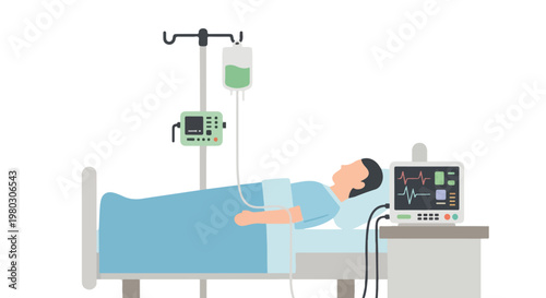A vector illustration of a patient lying in a hospital bed, connected to an IV drip and a medical monitor for health observation and care.