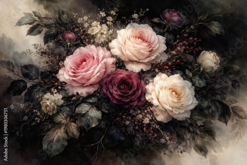 Elegant Victorian style floral arrangement with hand painted watercolor roses and lush dark foliage