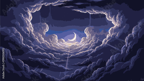 Digital illustration of a crescent moon shining through a swirling vortex of clouds in a dark blue night sky with a sense of celestial wonder.