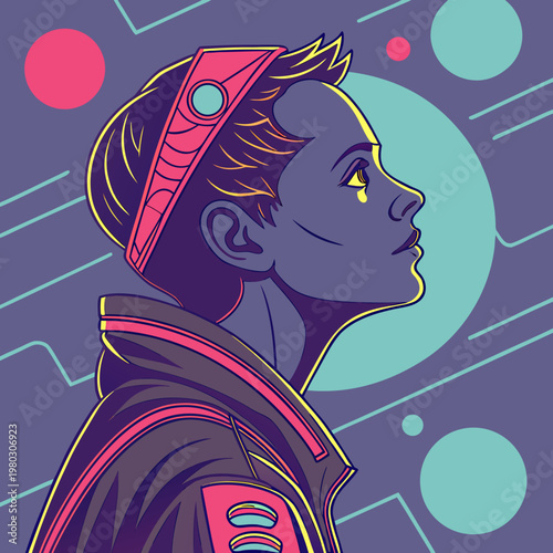 A young man wearing a hoodie and a headband looks up at the sky
