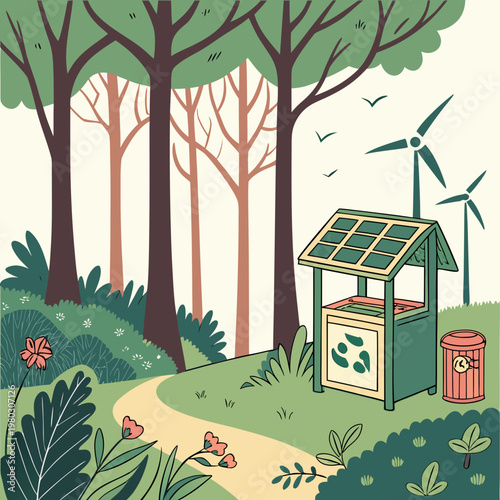 A green recycling bin in a forest with trees and wind turbines